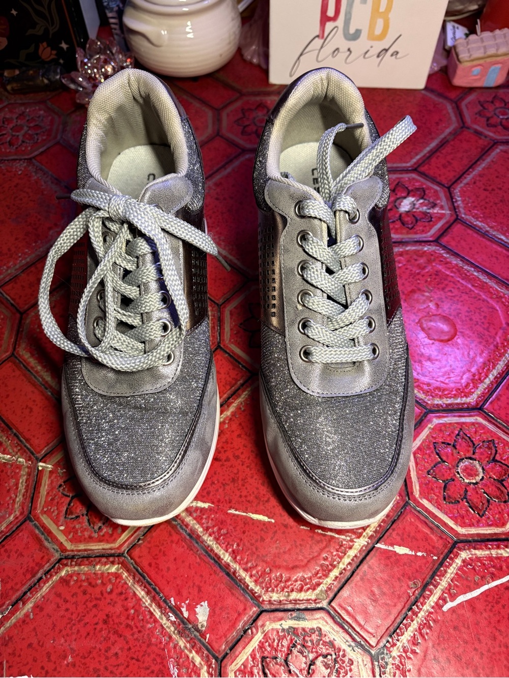 Women’s Metallic Silver Glitter Hidden-Wedge Sneakers – Size 9.5